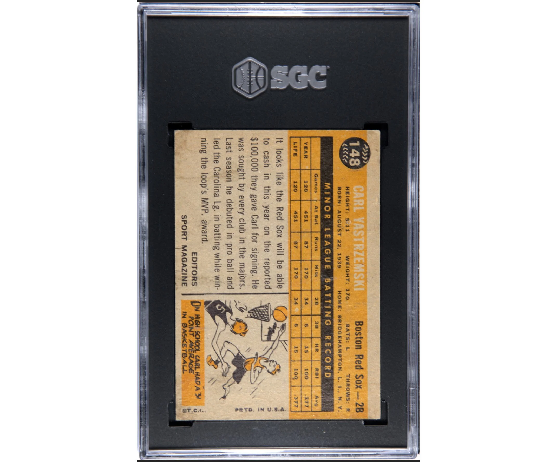 Carl Yastrzemski 1960 Topps Baseball Rookie Card #148. SGC 4